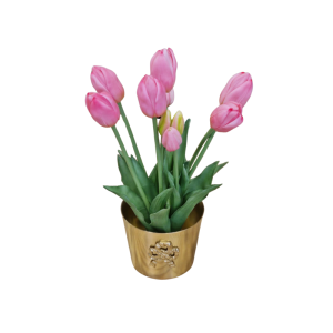 Vaso dourado em latão com tulipas rosa
